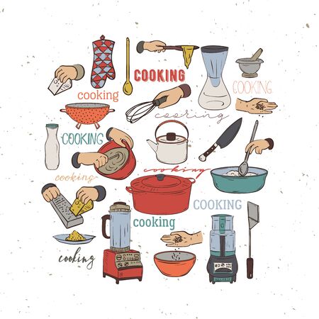 Kitchen utensils and appliances. Isolated elements on white background. Vector illustration in sketch styleのイラスト素材