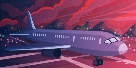 Commercial airplane standing on the airport runway at sunset. Night scenic view on the lights and clouds background. Flying and traveling concept. Vector illustrationのイラスト素材