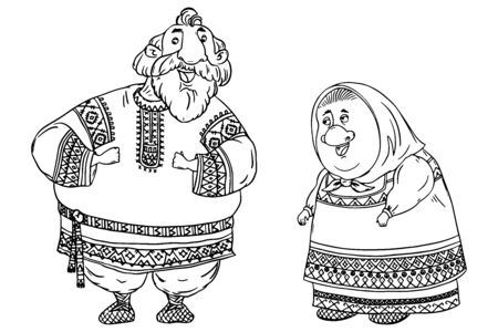 Couple of seniors dressed in traditional Russian folk costumes. Funny cartoon characters. Black and white vector illustrationのイラスト素材