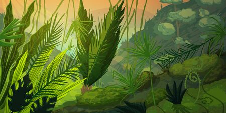 Wild tropical landscape at misty forest with jungle plants. Mysterious nature scenery in sunset or sunrise. Vector illustrationのイラスト素材