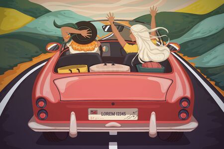 Happy young women travel by car. Girls laughing and enjoying with raised hands in car during a road trip. Vacation, holidays, travel, road trip concept. Vector illustrationのイラスト素材