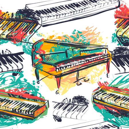 Seamless pattern with abstract piano keyboard, grand piano and synthesizer in watercolor sketch style. Colorful hand drawn grunge style art for fabric, print, wallpaper. Vector illustrationのイラスト素材