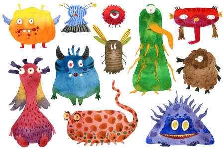 Cute monsters set. Watercolor cartoon characters. Isolated objects on white background.の写真素材