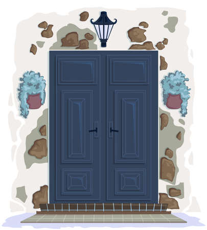Front door with porch, stones, lantern and plants in pots. Cartoon vector illustrationのイラスト素材