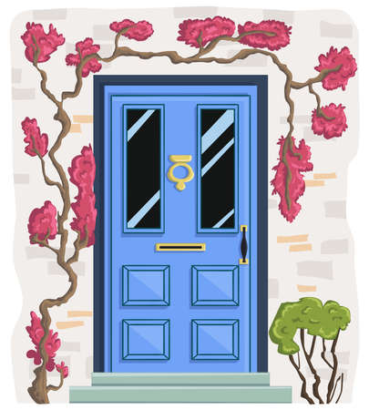Blue front door with brick wall, steps, climbing pink plants and bush. Cartoon vector illustrationのイラスト素材