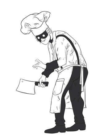 Chef in mask hold ax in his hand. Portrait of sinister cook plotting evil. Vector illustrationのイラスト素材