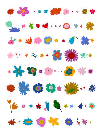 Collection of different colorful flowers. Decorative design elements of garden flora in gouache style. Isolated objects on white background. Vector illustrationのイラスト素材
