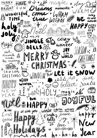 Hand drawn lettering Christmas collection. Typography doodle design. Vector illustrationのイラスト素材