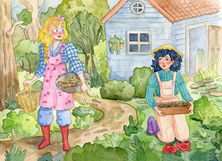 Cute gardener girls and landscape with garden, trees, flowers, garden house and path. funny cartoon characters. watercolor illustrationの写真素材