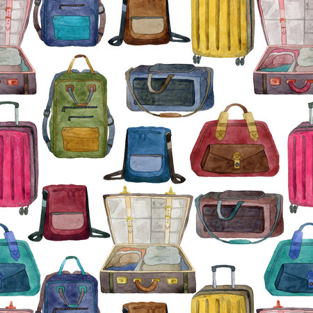 Seamless pattern with bags, suitcases, backpacks. Baggage accessory wallpaper. watercolor illustrationの写真素材