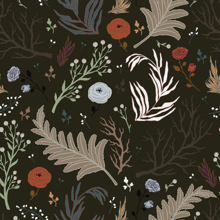 Seamless pattern with floral elements. Decorative wallpaper in vintage gothic style. vector...