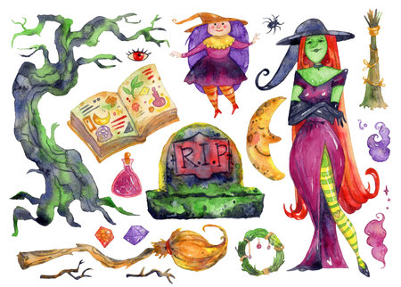 Watercolor Halloween set. Witch, tree, pumpkins, skull, potion, witch's hat, potion.の写真素材