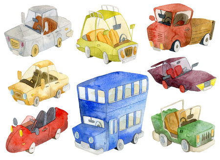 Set of different cartoon cars. Watercolor illustration on white background.の写真素材