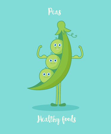 Funny peas with biceps.Funny cartoon character. Vector illustration. Isolated on white background. Vegetables characters.のイラスト素材