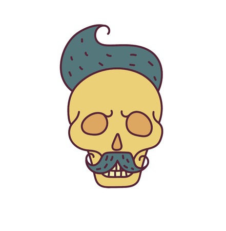Skull with Hipster hair,mustache and beards.Color Fashion vector illustration.White backgroundのイラスト素材