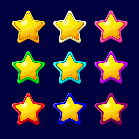 Vector illustration. Set of Cartoon Stars.Cartoon colorful glossy Star in different colors isolated on a dark background.Game icon.Vector design for app user interface and score display.Golden stars.のイラスト素材