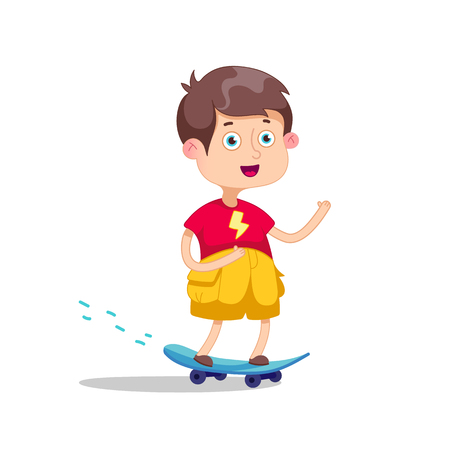 Funny cartoon character. Vector illustration.Skateboarding boy.Happy Cartoon Skateboard Boyのイラスト素材