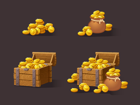 Wooden Chest set for game interface. Vector illustration. treasure of gold coins on dark background: closed, empty, chestes with golden coin.Icons cartoon coins for web. Stack,bag.のイラスト素材
