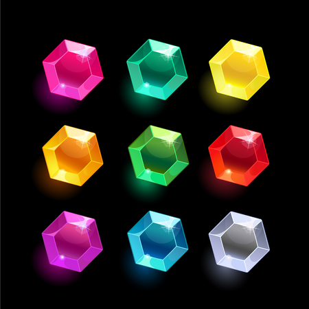 Set of cartoon hexagon different color crystals,gemstones,gems,diamonds vector gui assets collection for game design.isolated vector elements.Gui elements, vector games assets.menu for mobile gamesのイラスト素材
