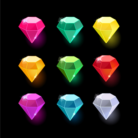 Set of cartoon different color crystals,gemstones,gems,diamonds vector gui assets collection for game design.isolated vector elements.Gui elements, vector games assets.menu for mobile games.Diamondsのイラスト素材