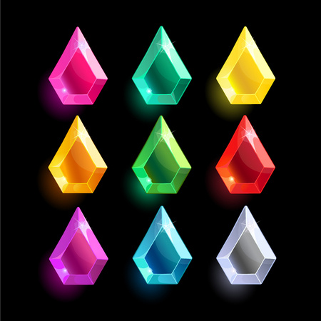 Set of cartoon different color crystals,gemstones,gems,diamonds vector gui assets collection for game design.isolated vector elements.Gui elements, vector games assets.menu for mobile gamesのイラスト素材