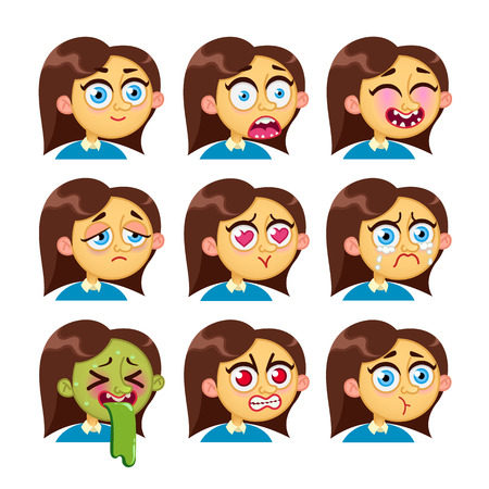 cartoon characters. Girl emotion faces. Woman emoji face icons and symbols. Human expression sign. Avatars. Stickersのイラスト素材