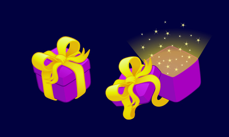 Cartoon gift boxes with bows and ribbons, illustration.Isolated on a dark background.のイラスト素材