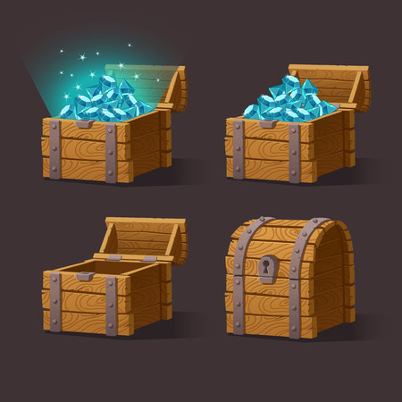 Wooden Chest set for game interface.illustration.Treasure chest of blue crystals,gemstones,diamonds on dark background closed, empty, chest with gems. Gui elements for mobile gamesのイラスト素材