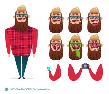Boy character for your scenes.Parts of body template for design work and animation. Funny cartoon.Vector illustration isolated on white background.Man emotion faces.Boy emoji face icons.Photographerのイラスト素材