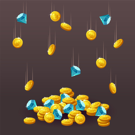 gold coins and blue crystal gems, vector illustration dark background.のイラスト素材