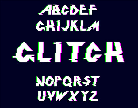 Glitch Alphabet.Vector distorted glitch font. Trendy style lettering typeface. Latin letters Glitch typeface. Green and red channels. Trendy style distorted vector illustrationのイラスト素材