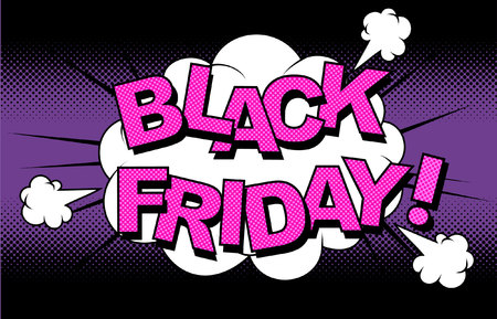Black Friday. Vector cartoon illustration explosions. Comic Sale discount. Sale symbol,sticker tag,special offer label,advertising badge. Sign banner.Comics bubble bang. Clouds for explosions. Pop-artのイラスト素材