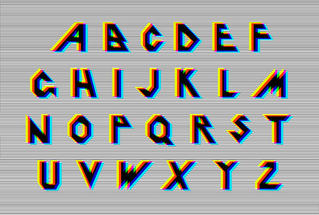 Distortion Alphabet. Vector distorted glitch font. Trendy style lettering typeface. Latin letters Glitch typeface. Green and red channels. Trendy style distorted vector illustrationのイラスト素材