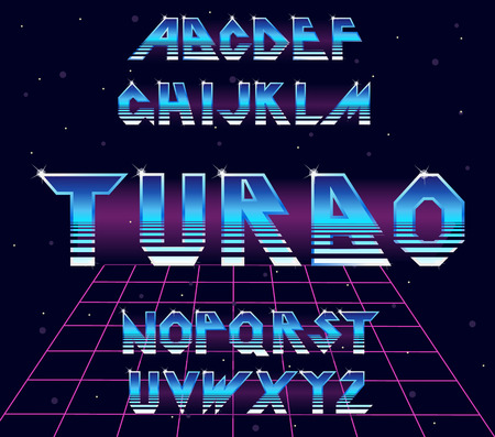 Alphabet 80 s retro font.Vector typography for flyers, posters. Iron Effect shiny letters. 80s metallic style,vintage metal.Retro Futurism Sci-Fi Font Alphabet Vector.3d logo set elements designのイラスト素材