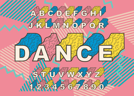 90 s retro alphabet font. Vintage Alphabet vector 80 s, 1990 s Old style graphic poster set. Eighties style graphic template. Template easy editable for Your design. 80s neon style,vintage dance nightのイラスト素材