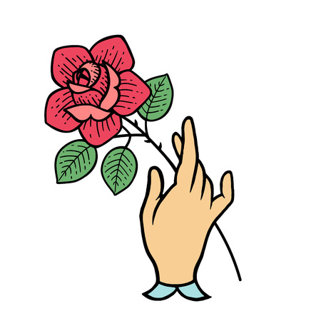 Rose tattoo with hand. Traditional black dot style ink. Boho Isolated vector illustration. Traditional Tattoo Flowers Set Old School Tattooing Style Ink Roses. Vintage style. Traditional art tattoos.のイラスト素材