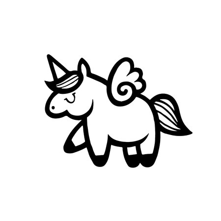 Unicorns. Vector illustration drawing isolated on white background. Cute unicorn graphic print, card, sticker, patch badge. Traditional art tattoos.のイラスト素材