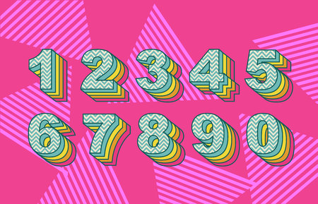 80 s retro numbers. Rainbow Vintage Alphabet vector 80 s, 90 s Old style graphic poster set. Eighties style graphic template. Template easy editable for Your design. 80s rainbow style, vintage.のイラスト素材