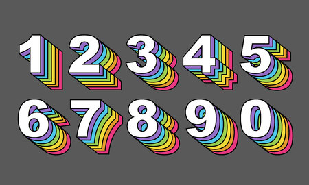 80 s retro numbers. Rainbow Vintage Alphabet vector 80 s, 90 s Old style graphic poster set. Eighties style graphic template. Template easy editable for Your design. 80s rainbow style, vintage.のイラスト素材