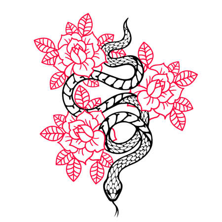 Tattoo with rose and snake. Traditional black style ink.のイラスト素材