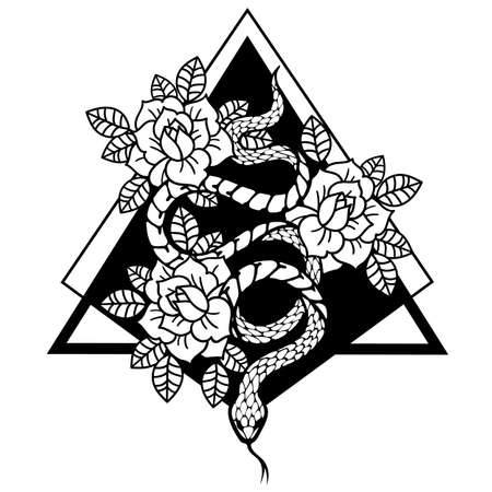 Tattoo with rose and snake with sacred geometry frame.のイラスト素材