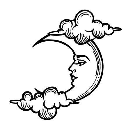 Moon tattoo. Moon with face stylized as engraving.のイラスト素材
