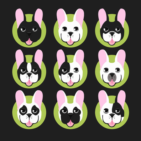 French bulldog head isolated on black background. Vector illustration set iconのイラスト素材