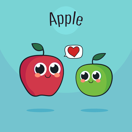 Cute Apple Character. Red and green fruit, vector. Cartoon vintage illustration. Healthy conceptのイラスト素材