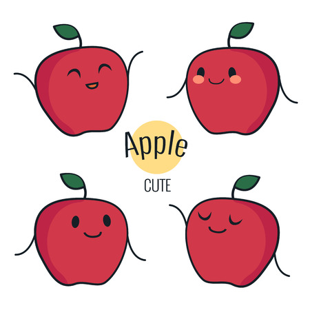 Funny cartoon red apple character with different emotions on the face. Comic emoticon stickers set. Vector icons, isolated on white. Healthy conceptのイラスト素材