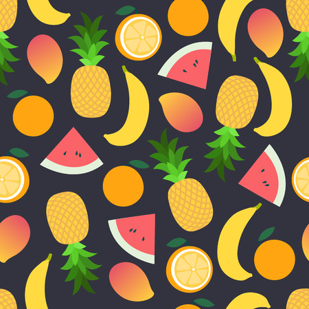 Tropical fruit pattern on dark. Bright beautiful seamless background. Vector illustration in flat. Summer cartoon backgroundのイラスト素材