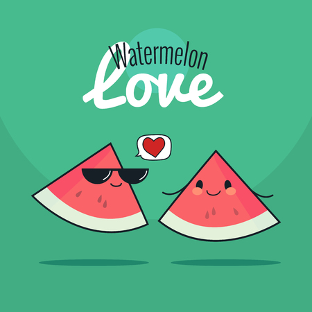Watermelon cartoon characters, Cute fruit couple, Vintage poster flat design with Vector illustration, Raw Vegan Love conceptのイラスト素材