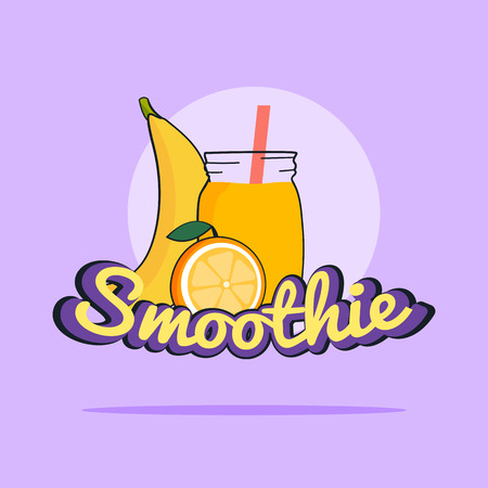 Fruits Smoothie. Banana and orange shake. Fresh drink menu, Juice for healthy life. Raw Vegan lifestyle concept.のイラスト素材