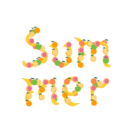 Summer cartoon decorative poster. Vector illustration. Fruit fontのイラスト素材