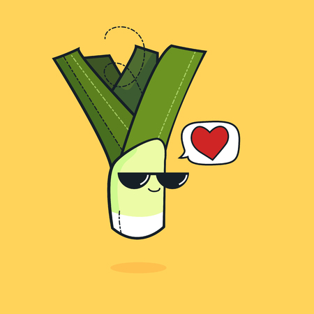 Illustration cartoon funny leek icon with black sunglasses isolated, vegan concept, leek loveのイラスト素材